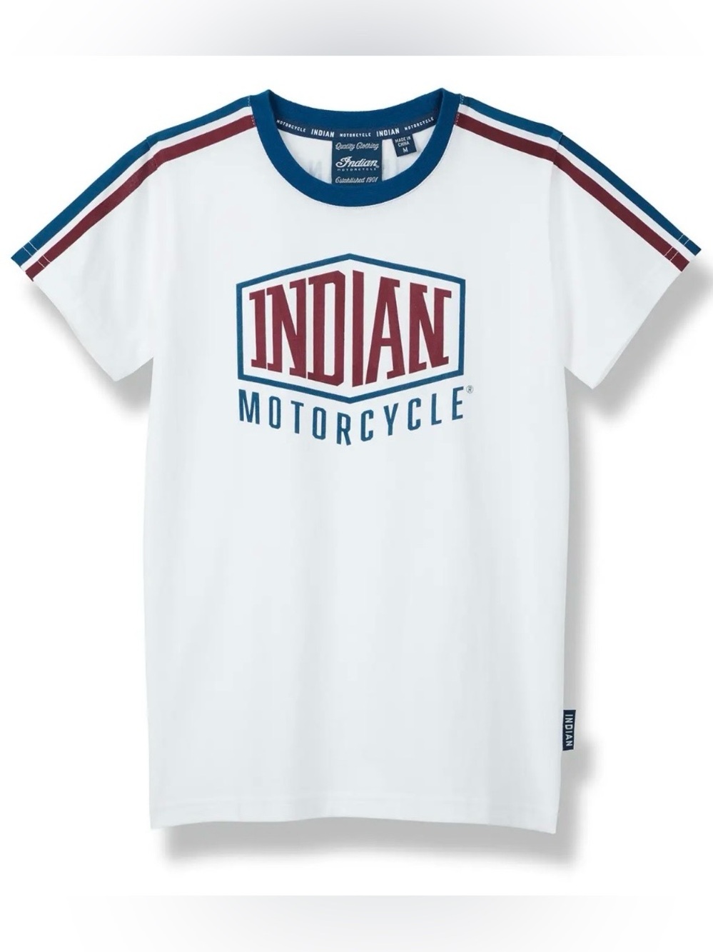 Indian Motorcycle Women’s White Logo Tee with Blue & Maroon Striped Accents